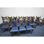 A SET OF SEVENTEEN 19TH CENTURY OAK BOARDROOM CHAIRS, with blue leatherette upholstery, including