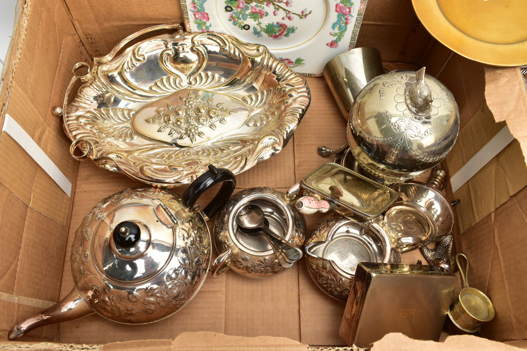 TWO BOXES OF ITEMS, to include a box of white metal ware including a three piece white metal tea - Image 7 of 12