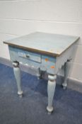 A SQUARE RUSTIC PAINTED TABLE, with a single drawer, 56cm x squared x height 71cm