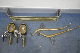 A SELECTION OF BRASSWARE, to include a pair of coach horse drawn carriage lamps, with wall