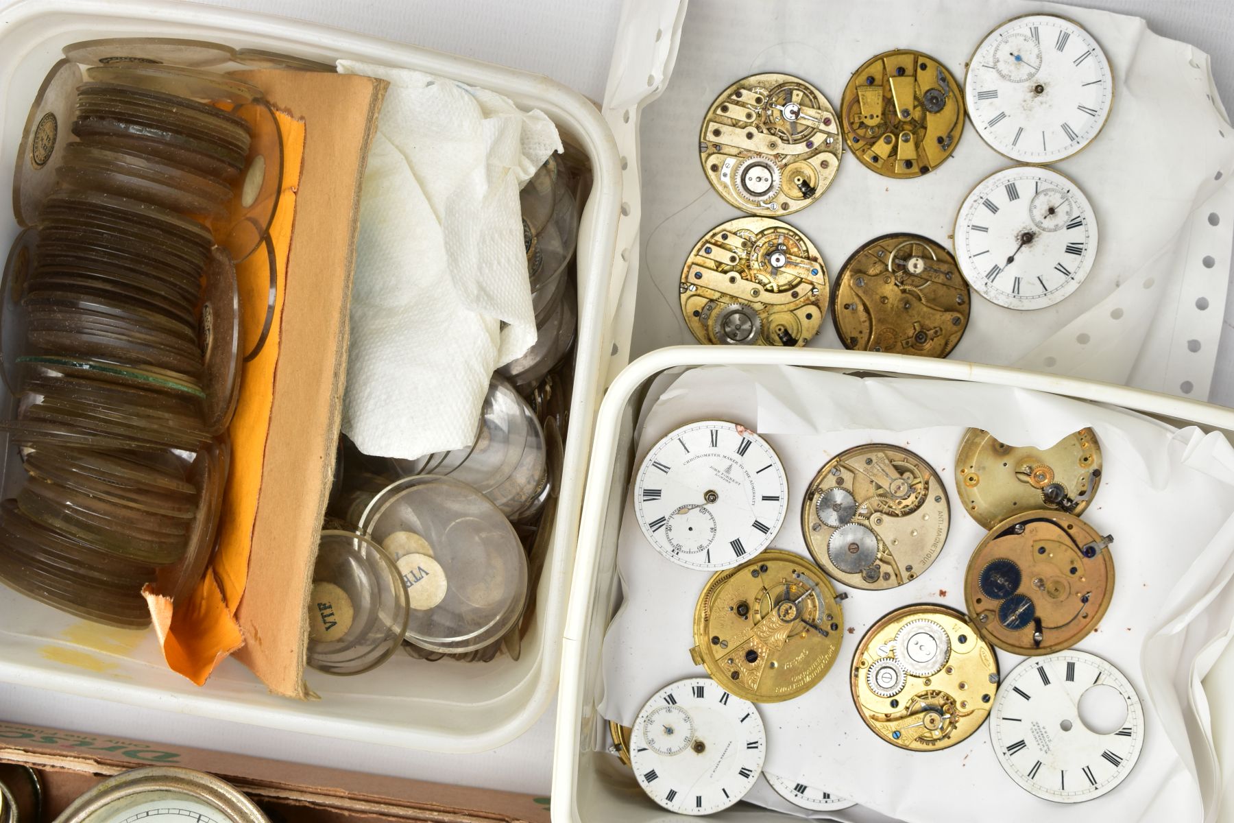 A BOX OF WATCH MAKERS SPARES AND REPAIRS, to include pocket watch dials, cases, movements, a box - Image 3 of 7