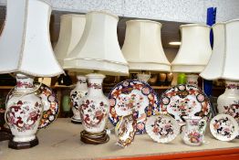 SIX MASONS CERAMIC TABLE LAMPS, WITH OTHER MASONS IRONSTONE WARES, comprising three Mandalay pattern