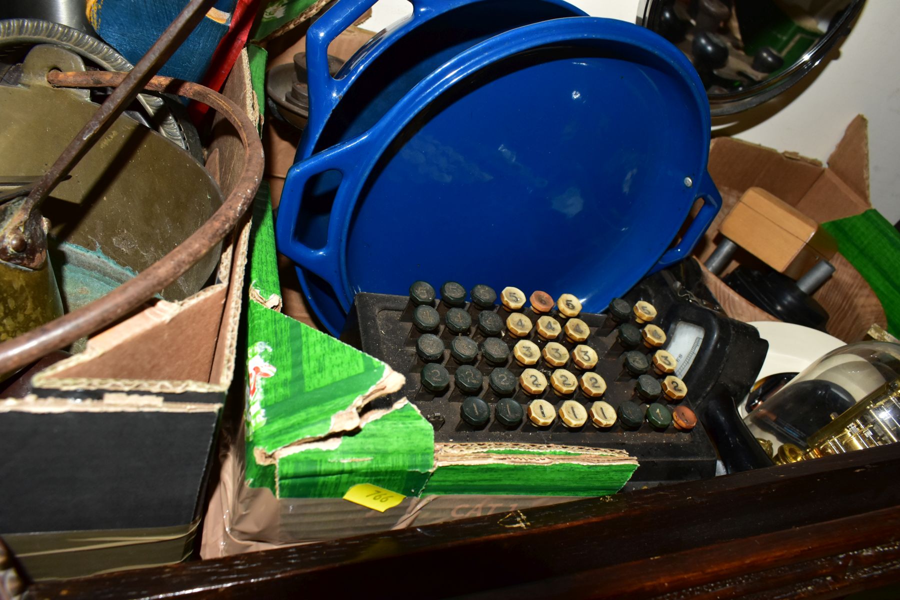 TWO BOXES AND LOOSE METALWARES AND SUNDRY ITEMS, to include a vintage Plus Adder adding machine, J - Image 7 of 9