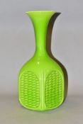 A 1960s EMPOLI LIME GREEN GLASS VASE, the flared rim over an elongated neck to a rectangular body,