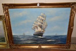 TWO MARITIME THEMED OIL PAINTINGS, COMPRISING, A. FULTON (20TH CENTURY) a three mast square rigged