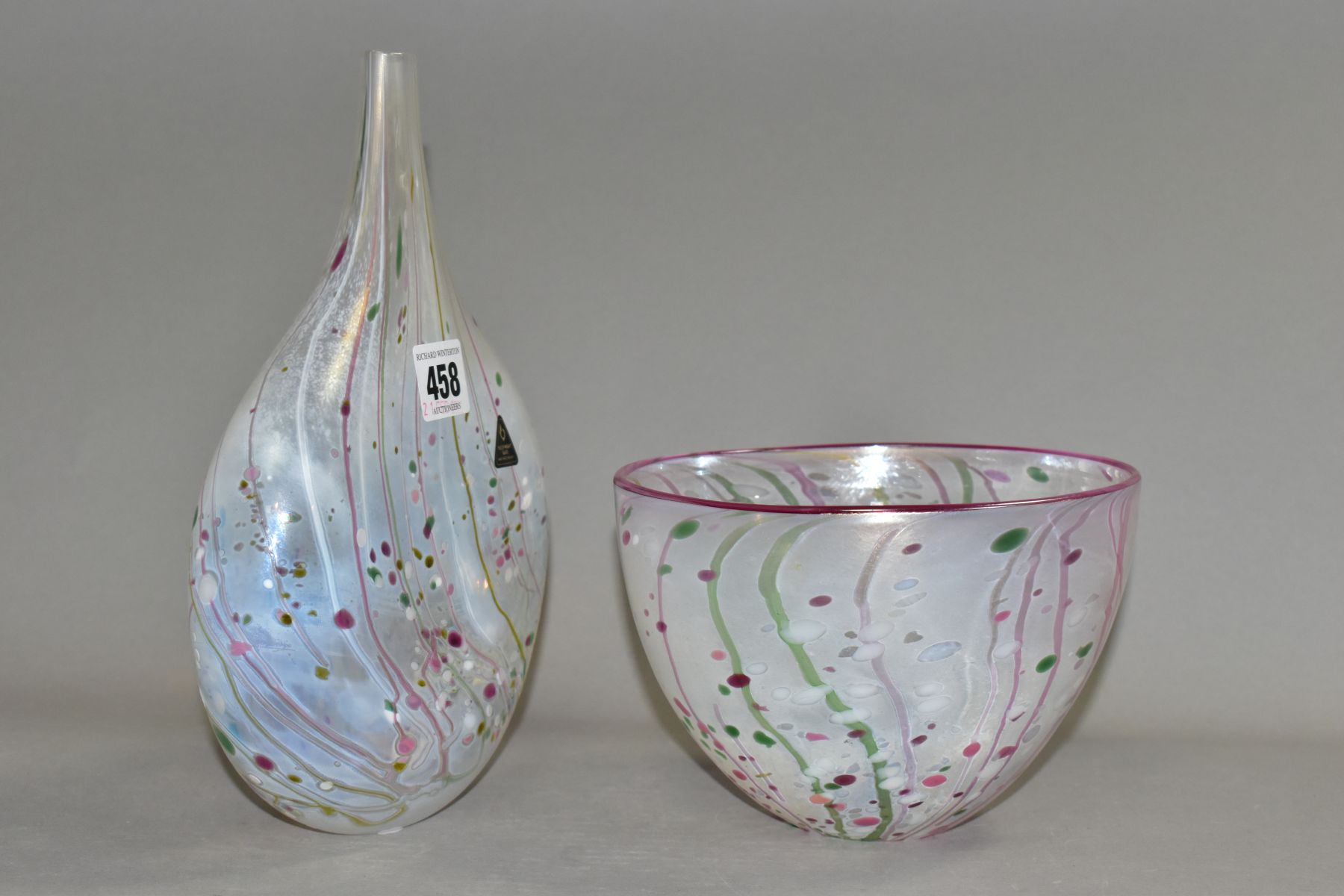 TWO PIECES OF ISLE OF WIGHT GLASS, both decorated with speckled and streaked pink and green design - Image 2 of 7