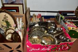 FIVE BOXES AND LOOSE METALWARES, BOOKS, SPORTING EPHEMERA, PICTURES AND SUNDRY ITEMS, to include