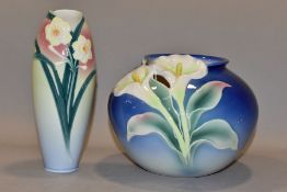 TWO FRANZ PORCELAIN VASES, comprising a squat baluster vase with moulded arum lily, model no.XP1887,