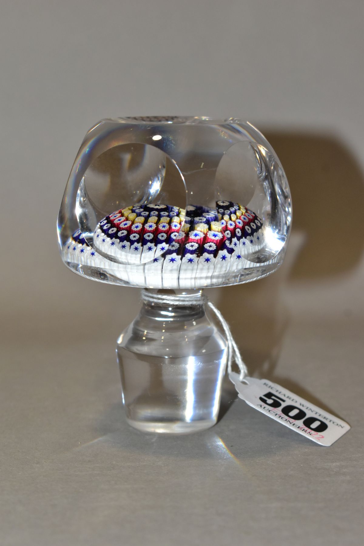 A WHITEFRIARS PENTAGON SHAPED CLEAR GLASS AND MILLEFIORE DECANTER STOPPER, bears indistinctly - Image 2 of 8