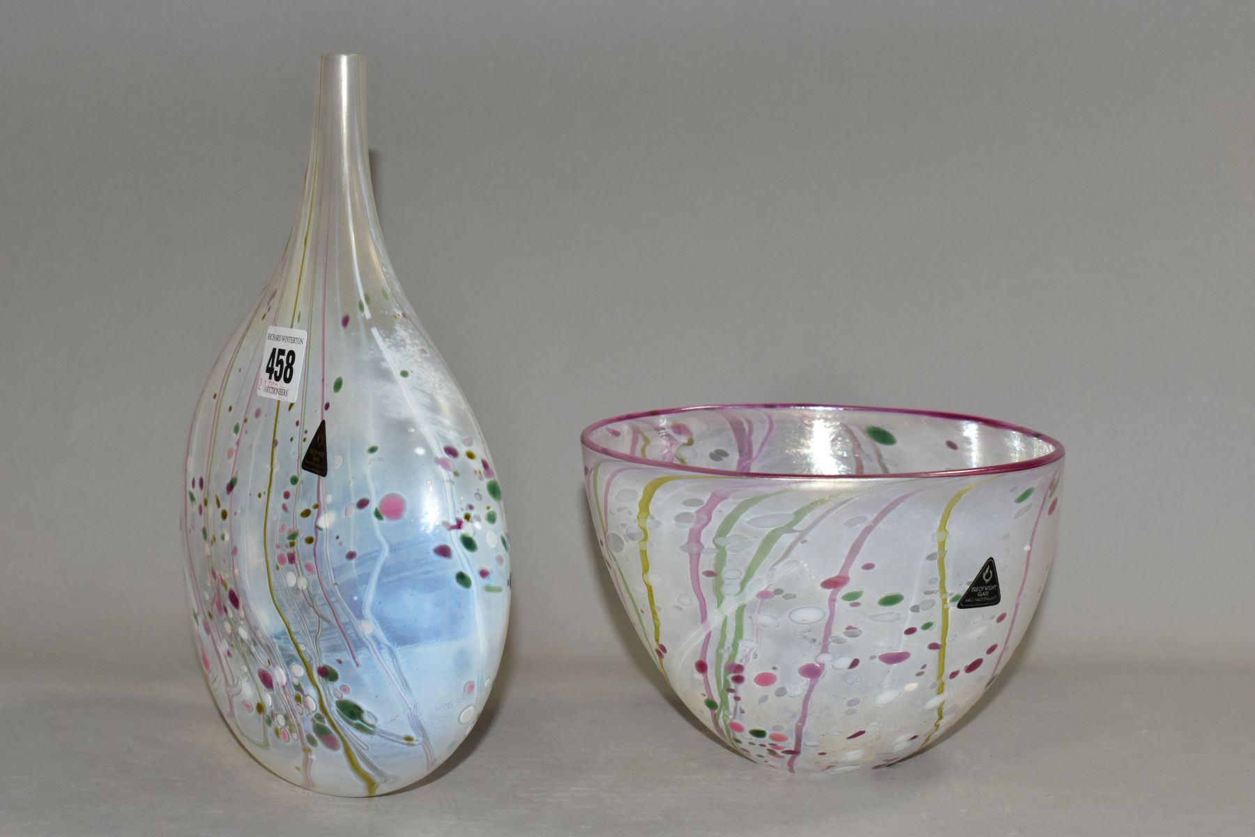 TWO PIECES OF ISLE OF WIGHT GLASS, both decorated with speckled and streaked pink and green design - Image 4 of 7