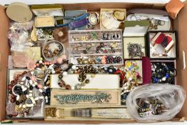 A BOX OF MOSTLY COSTUME JEWELLERY, to include a white metal RAF enamel brooch, stamped 'Silver',