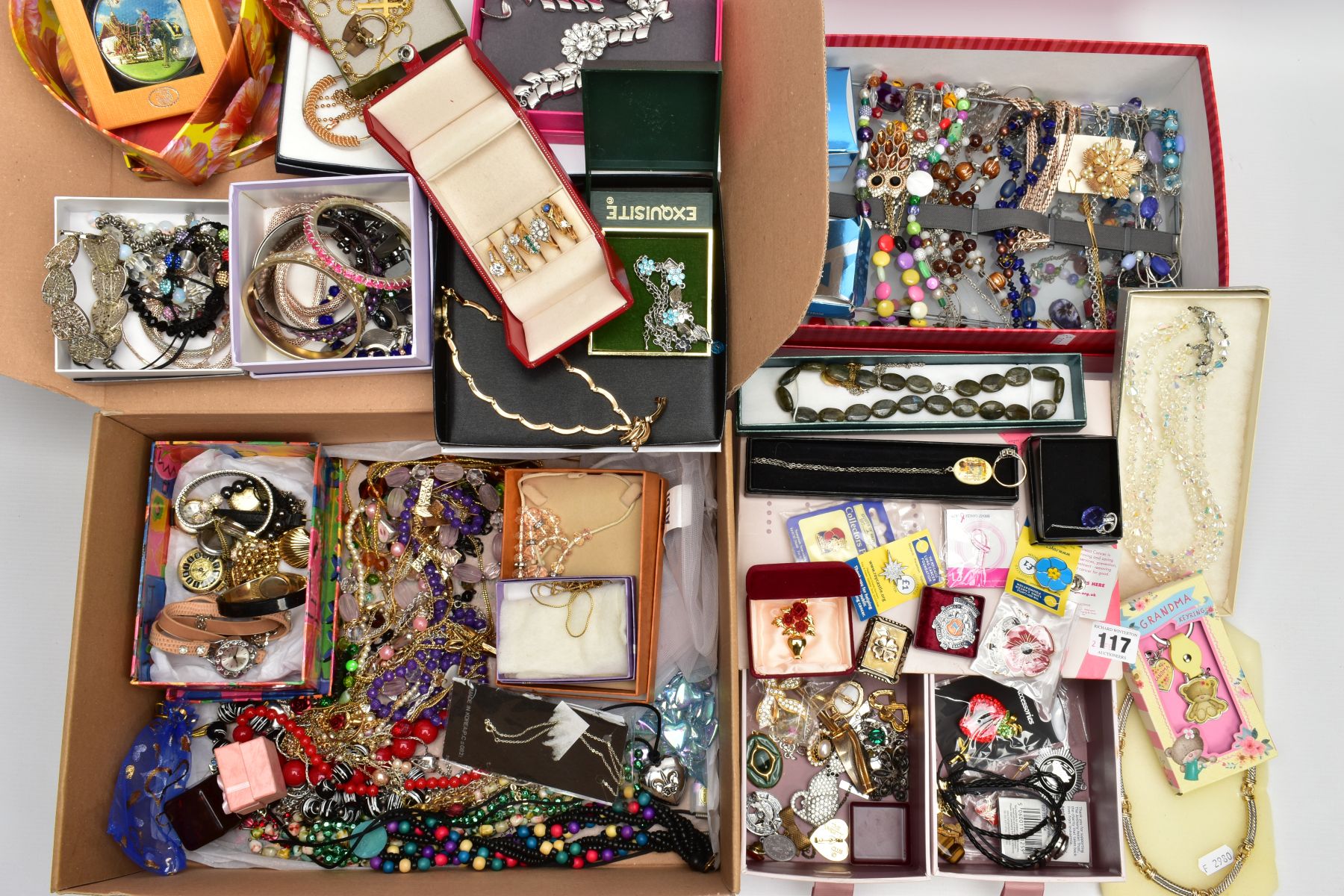 AN ASORTMENT OF COSTUME JEWELLERY, three boxes of costume jewellery containing a selection of