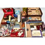 A BOX OF ASSORTED ITEMS, to include a wooden jewellery box with contents of costume earrings,