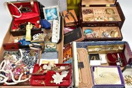 A BOX OF ASSORTED ITEMS, to include a wooden jewellery box with contents of costume earrings,