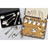 AN ASSORTMENT OF SILVER SPOONS AND SUGAR TONGS, to include a set of six teaspoons with apostles to