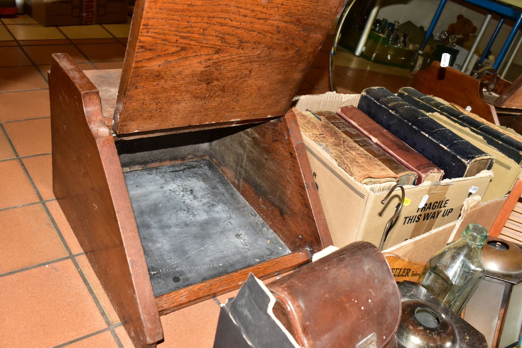 TWO BOXES AND LOOSE MIRROR, COAL BOX, BOOKS AND SUNDRY ITEMS, to include a coal box with - Image 10 of 11