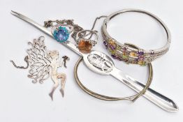 A BAG OF ASSORTED ITEMS, to include a white metal hinged bangle, set with vary cut gemstones,