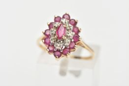 A 9CT GOLD RUBY AND DIAMOND CLUSTER RING, slightly raised cluster of a navette shape, set with a