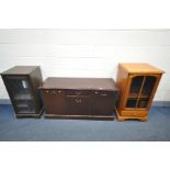 A MODERN MAHOGANY SIDEBOARD, a cherrywood hi-fi cabinet, an oak hi-fi cabinet and a plywood