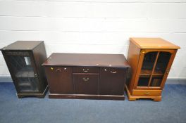 A MODERN MAHOGANY SIDEBOARD, a cherrywood hi-fi cabinet, an oak hi-fi cabinet and a plywood