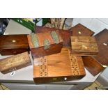 EIGHT WOODEN BOXES, to include three writing slopes (in need of some restoration) with inlay