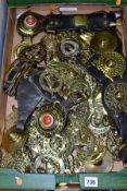 A BOX OF VICTORIAN AND ASSORTED 20TH CENTURY HORSE BRASSES, including a martingale, some brasses