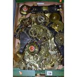 A BOX OF VICTORIAN AND ASSORTED 20TH CENTURY HORSE BRASSES, including a martingale, some brasses