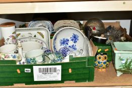 THREE BOXES AND LOOSE CERAMICS AND GLASS WARES, to include three Portmeirion Birds of Britain