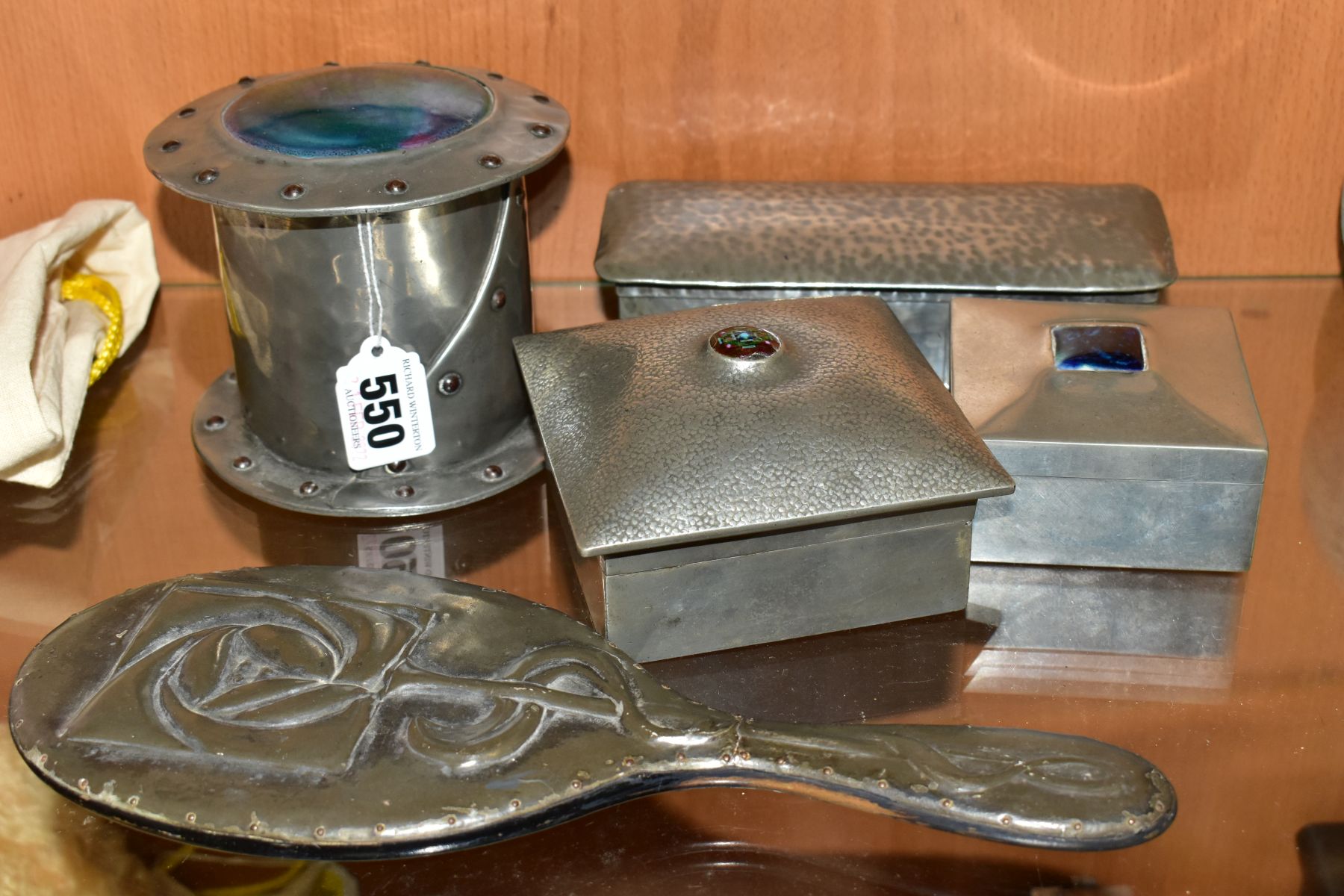 TWO LIBERTY & CO PEWTER BOXES AND THREE OTHER ITEMS OF PEWTER, comprising a Liberty & Co cigarette