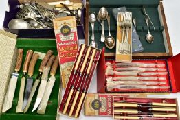 A BOX OF ASSORTED CUTLERY, to include a small incomplete wooden canteen of EPNS cutlery, two boxed