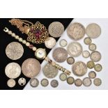 A SMALL AMOUNT OF COINS AND COSTUME JEWELLERY, to include Victoria Half Crown, double Florin, half