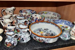 A GROUP OF MASONS IRONSTONE AND SIMILAR WARES, sixteen pieces to include a Masons coloured willow