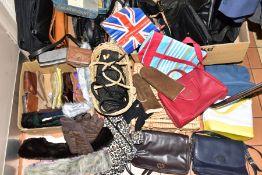 THREE BOXES AND LOOSE HANDBAGS, BASKETS, GLOVES AND PURSES, to include approximately twenty six