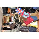 THREE BOXES AND LOOSE HANDBAGS, BASKETS, GLOVES AND PURSES, to include approximately twenty six