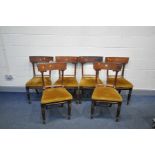 A SET OF SIX REGENCY BAR BACK CHAIRS, with fluted and turned legs, and Fleu-de-Lys detail to chair