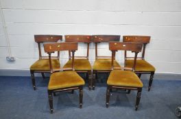 A SET OF SIX REGENCY BAR BACK CHAIRS, with fluted and turned legs, and Fleu-de-Lys detail to chair