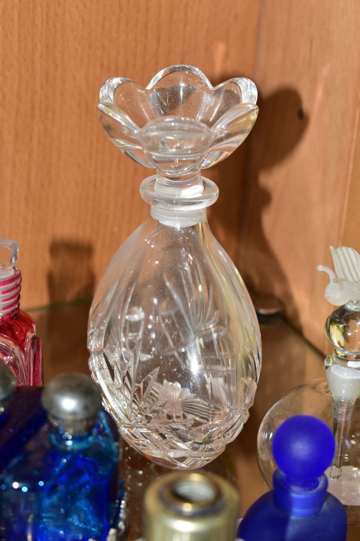 A COLLECTION OF 19TH AND 20TH CENTURY PERFUME BOTTLES , SPARE STOPPERS AND A FUNNEL, mostly glass, - Image 7 of 16