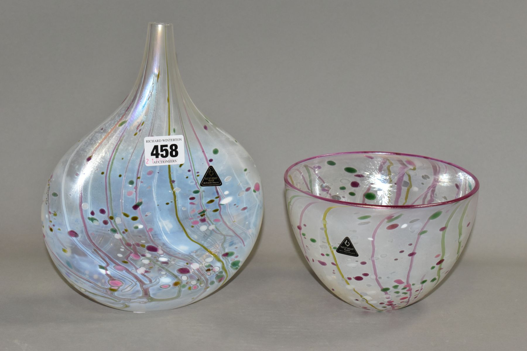 TWO PIECES OF ISLE OF WIGHT GLASS, both decorated with speckled and streaked pink and green design
