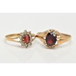 TWO 9CT GOLD GARNET RINGS, the first of an oval design set with an oval cut garnet within a ten claw