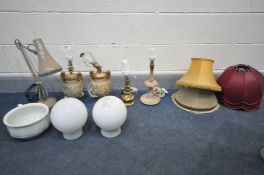 A SELECTION OF LIGHTING, to include a brown angle poise desk lamp, pair of Greek brassed table