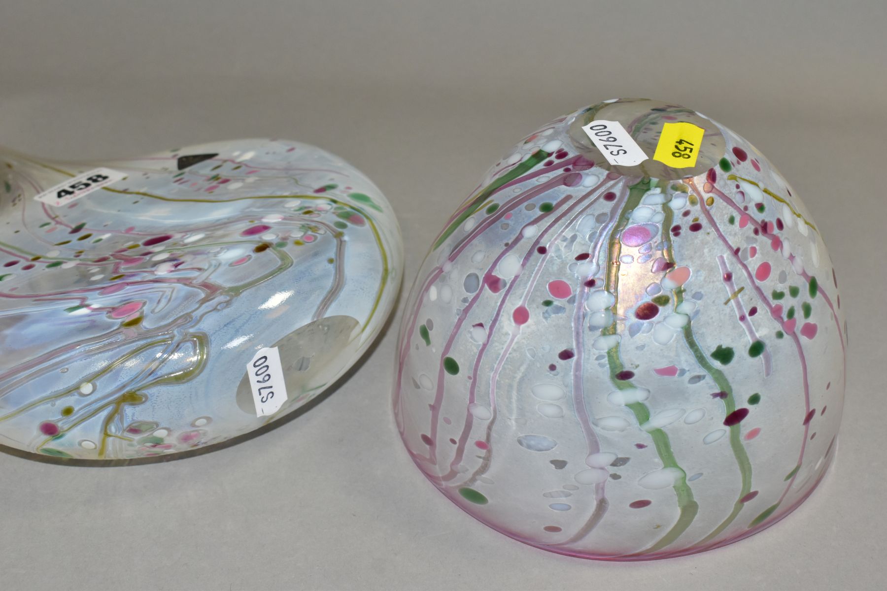 TWO PIECES OF ISLE OF WIGHT GLASS, both decorated with speckled and streaked pink and green design - Image 5 of 7