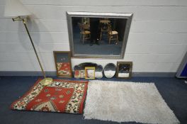 A SILVER FRAMED BEVELLED EDGE WALL MIRROR, 120cm x 94cm, five various other mirrors, a two rugs