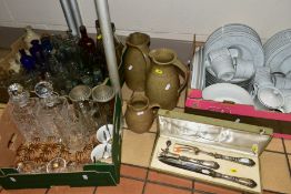 THREE BOXES AND LOOSE CERAMICS, GLASS AND METALWARES, including a French silver handled three