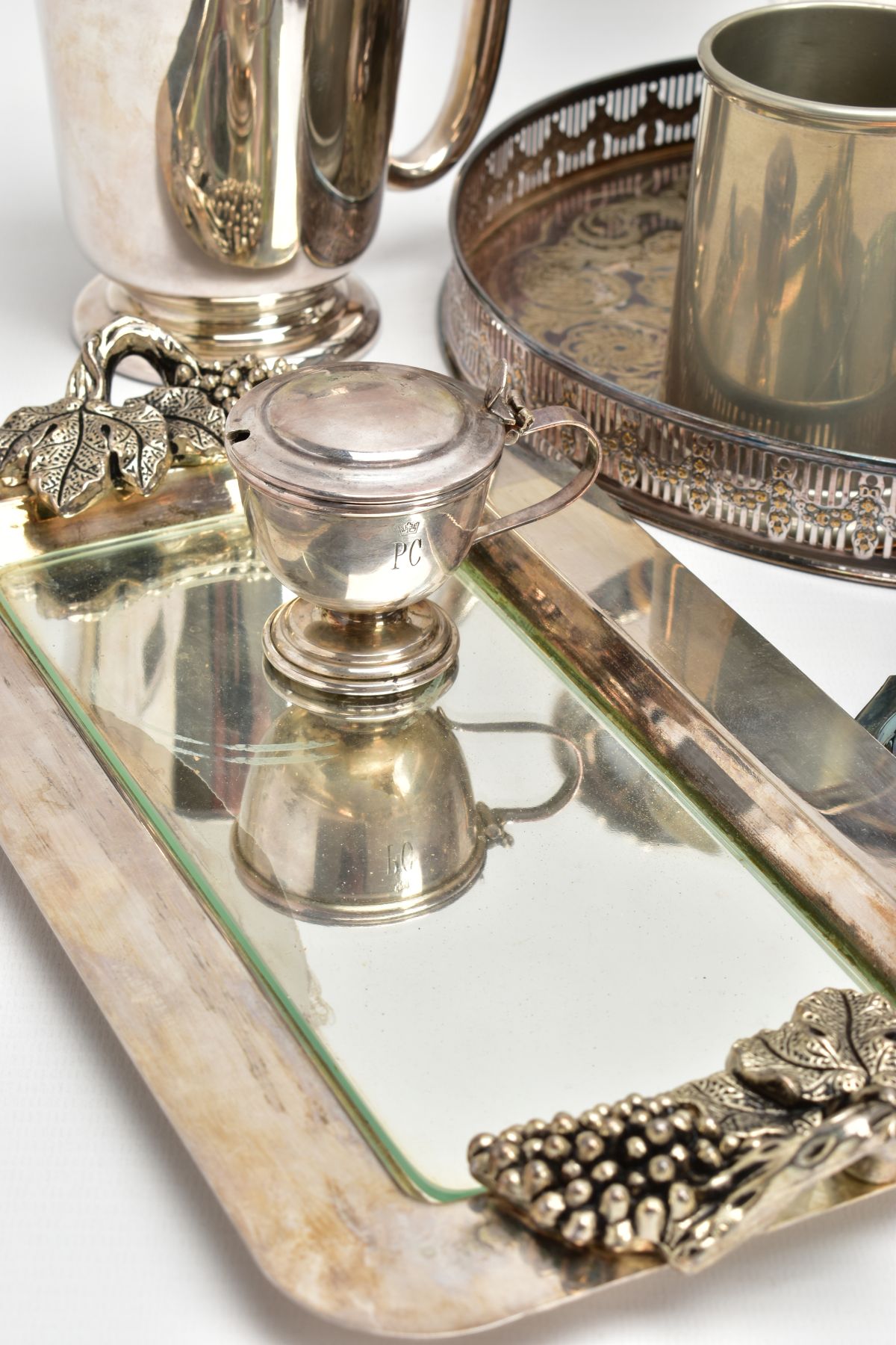 A BOX OF ASSORTED WHITE METAL WARE, to include a silver-plated teapot, a white metal floral centre - Image 5 of 11