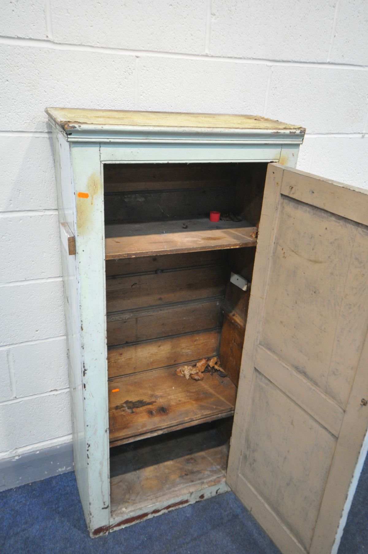 A PAINTED 19TH CENTURY PINE PANELLED SINGLE DOOR CUPBOARD, width 65cm x depth 33cm x height 136cm ( - Image 2 of 2