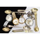 A BOX OF ASSORTED ITEMS, to include a George V old English silver teaspoon, engraved with the