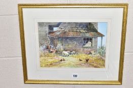 MICHAEL CRAWLEY (BRITISH CONTEMPORARY) 'OLD FARMYARD SCENE, WIRKSWORTH, sheep and chickens before