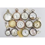 A SELECTION OF POCKET WATCHES, to include a small silver open face watch with a white dial, Roman