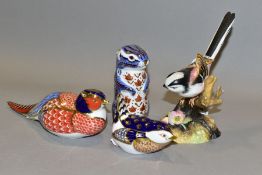 A ROYAL CROWN DERBY 'LONG TAIL TIT' FIGURE AND THREE ROYAL CROWN DERBY IMARI PAPERWEIGHTS,