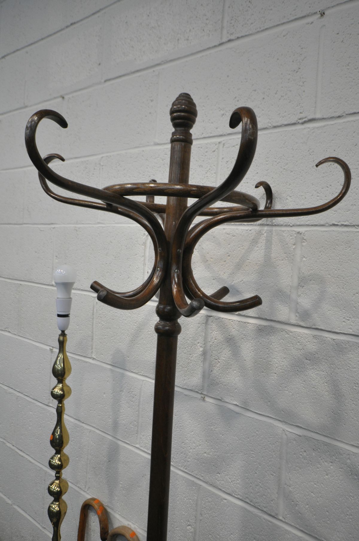 A BENTWOOD STYLE BEECH HAT STAND, along with a brass standard lamp, folding fire screen, brass - Image 3 of 3